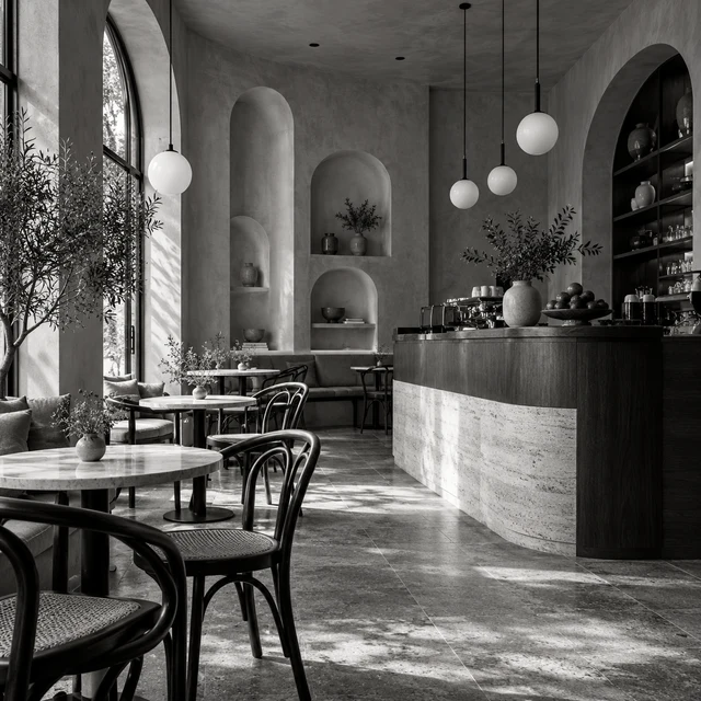 Özenle tasarlanmış kafe iç mekânı.