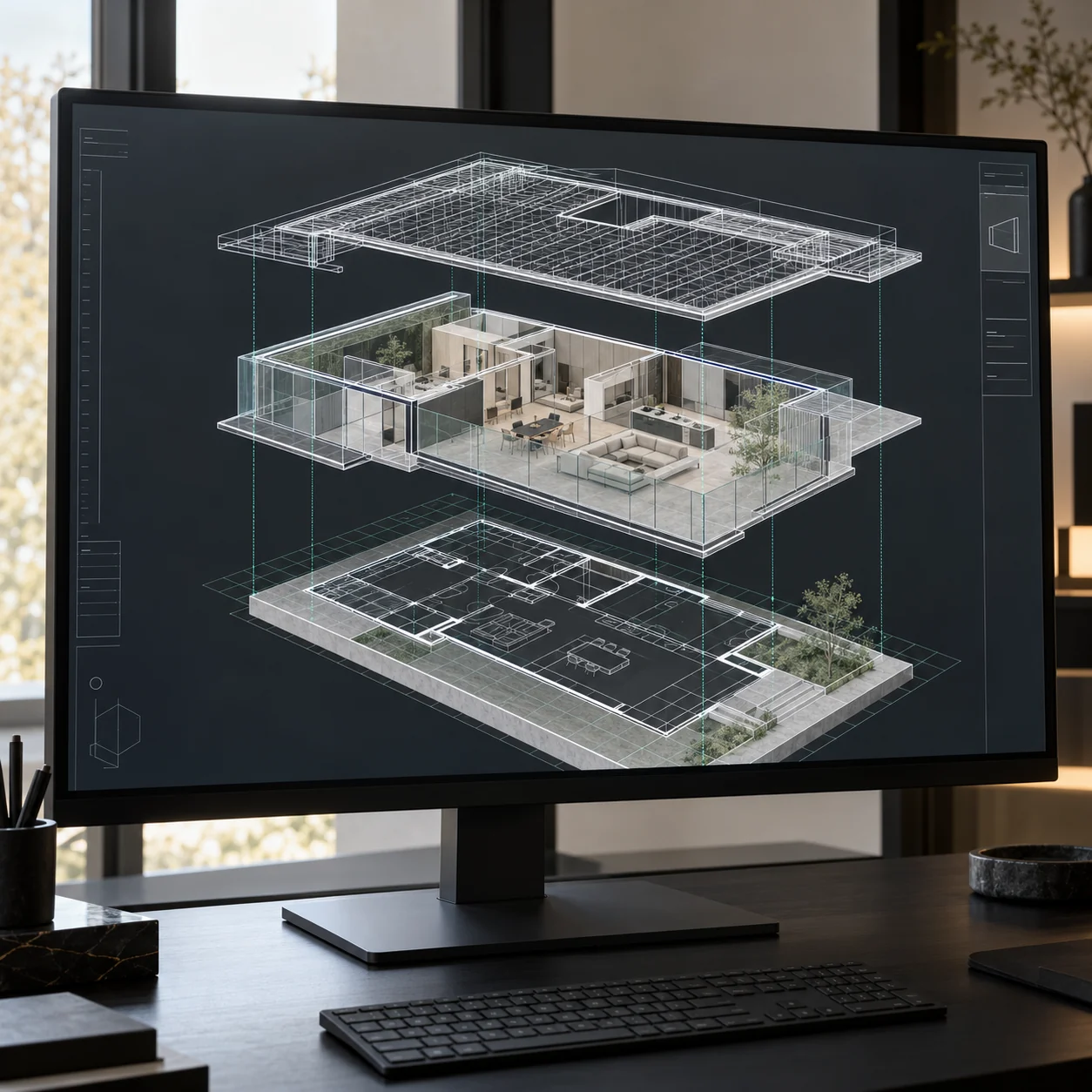 Three-dimensional architectural model on a computer screen, with separate floor, interior and ceiling layers, sections and wireframe lines; concept image.