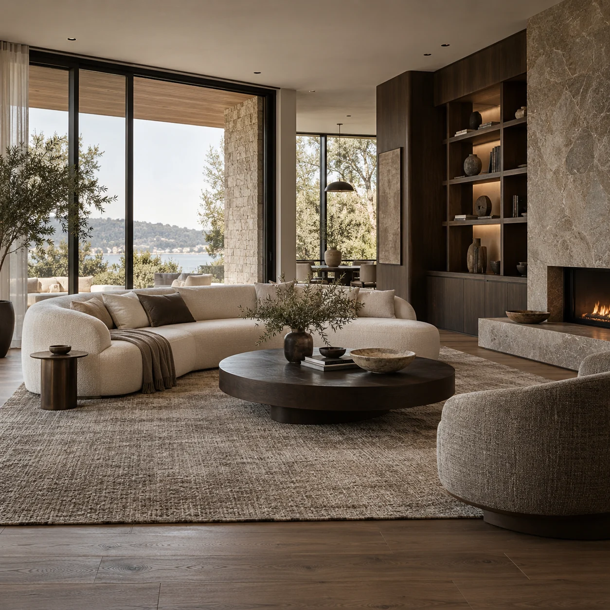 Living space with a pale curved sofa, timber coffee table, stone fireplace and dark wood shelves; concept image.