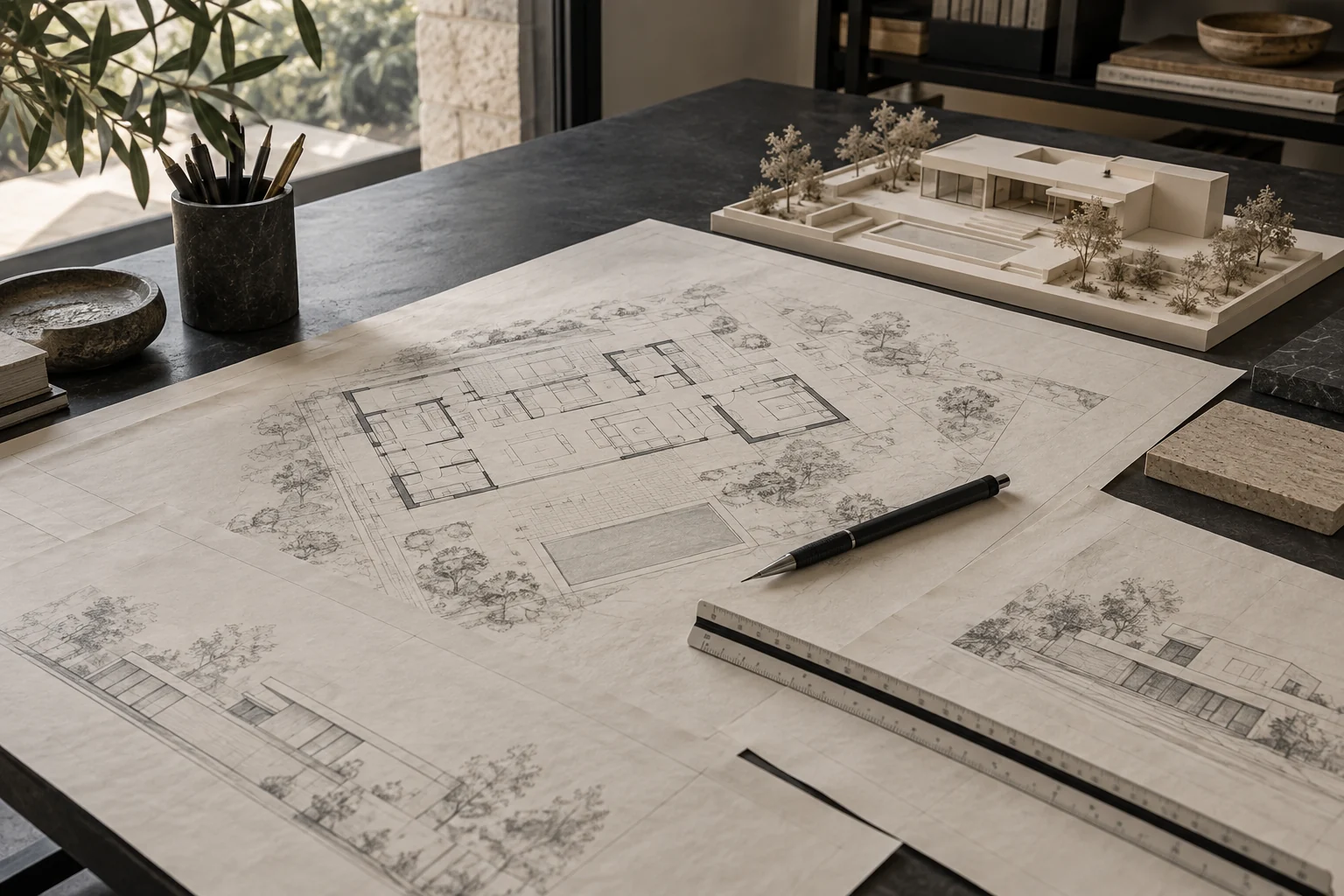 Architectural desk with villa plans, drawing tools and a building model; concept image.