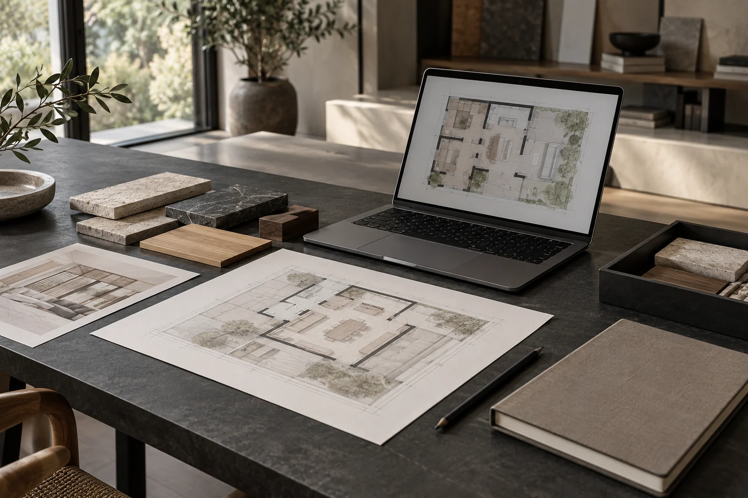 Design consultancy desk with a laptop, floor plan and material samples; concept image.