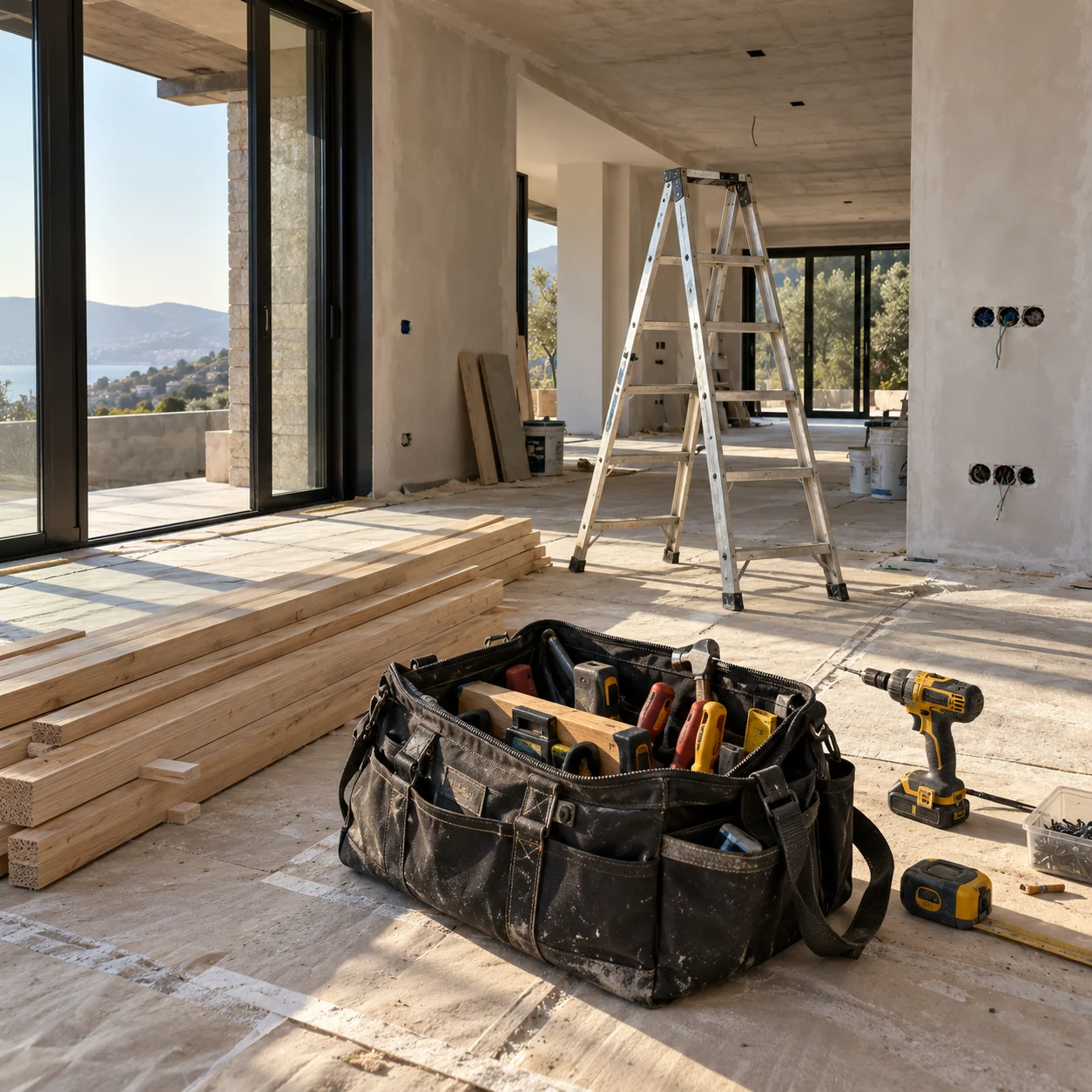 Interior construction site with a ladder, timber boards, open toolbox, hand tools and a drill; concept image.