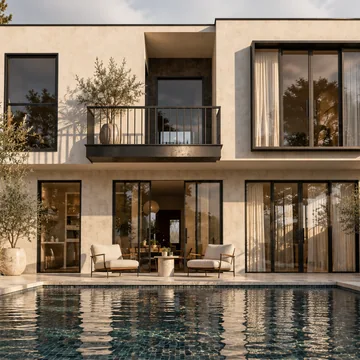 Doğal taş cepheli, havuzlu villa.