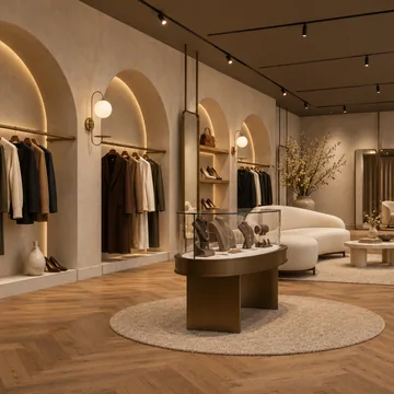 Kemerli nişler ve doğal dokularla tasarlanmış butik.