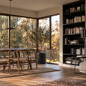 Bahçeye açılan salon ve yemek alanı.