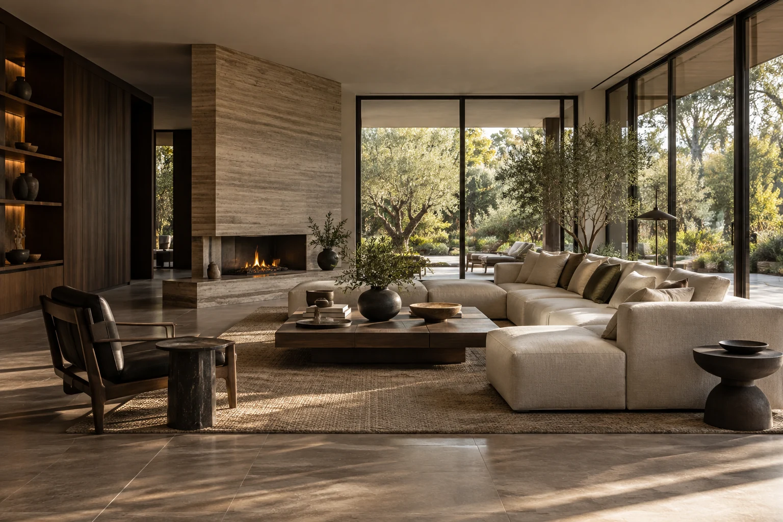 Concept image of a residential living space with a stone fireplace, pale seating and a glazed facade opening onto a garden.